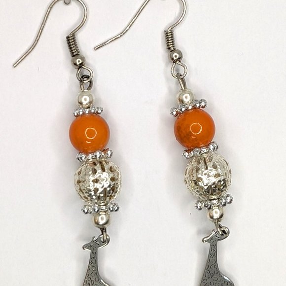 Giraffe Earrings with Silver ball and Orange Glass beads - Picture 2 of 2